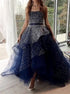 Ball Gown Navy Blue Strapless Tulle Prom Dresses LBQ2341